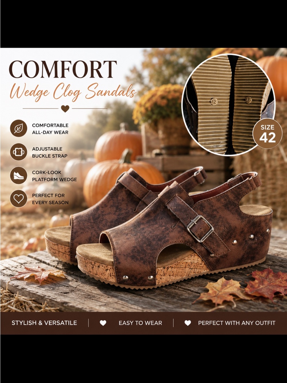 Source Unknown Brown Cork-Look Wedge Clog Sandals